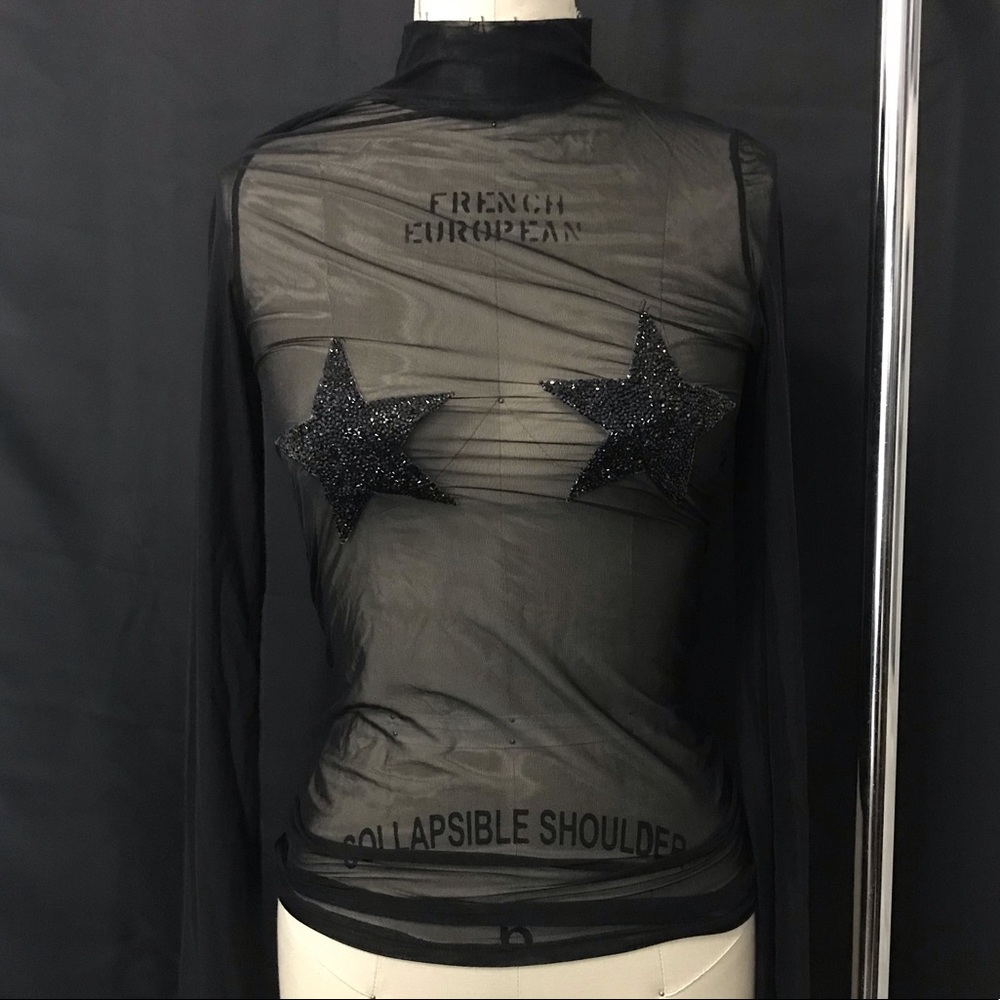 Black long sleeve sheer and beaded top